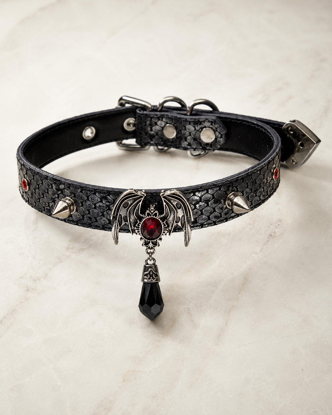 Crimson Bat Choker — Snake-Embossed Leather with Gothic Bat Pendant