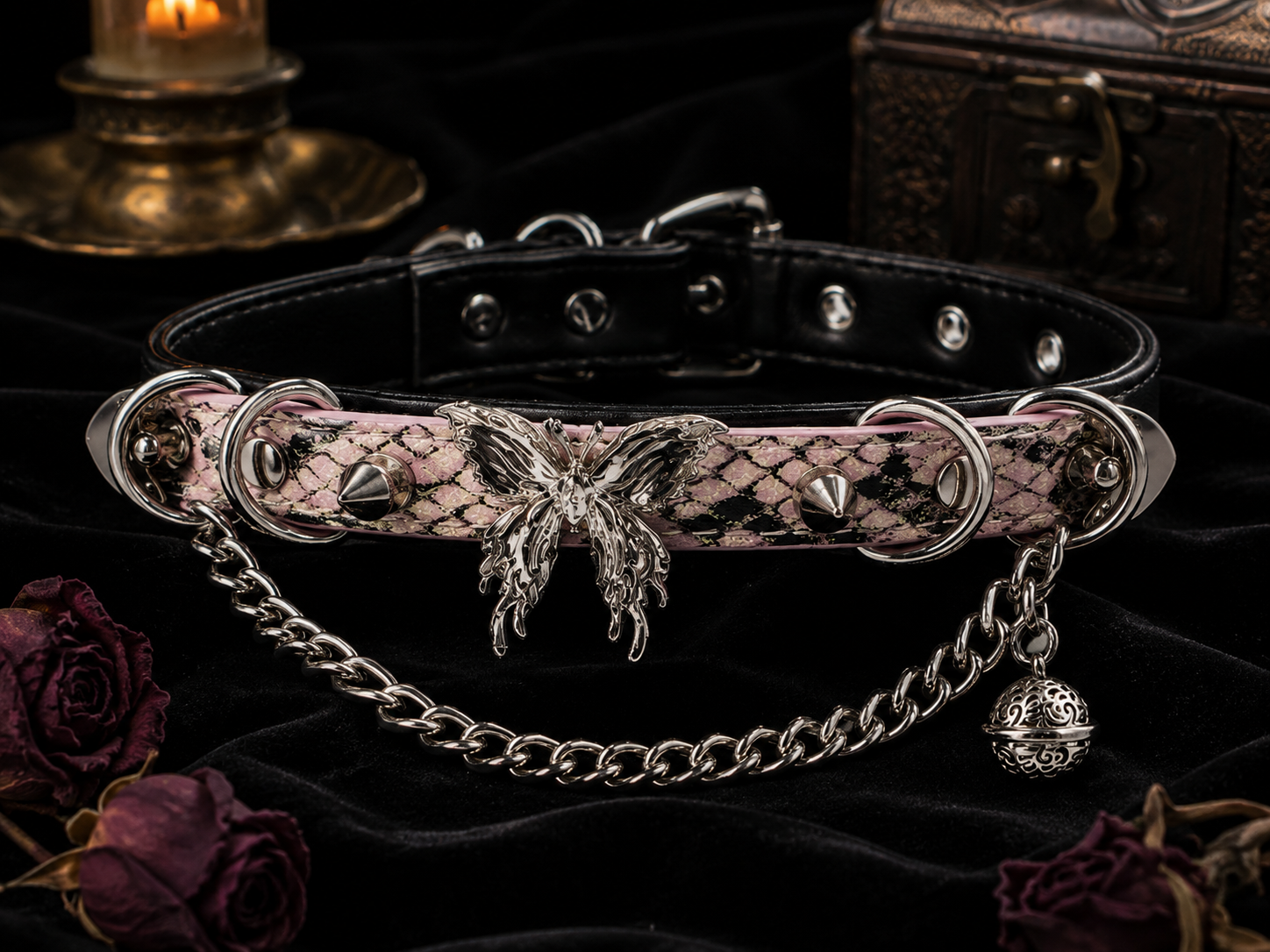 Butterfly Chain Choker — Pink Python Leather with Silver Chain & Bell Pendant