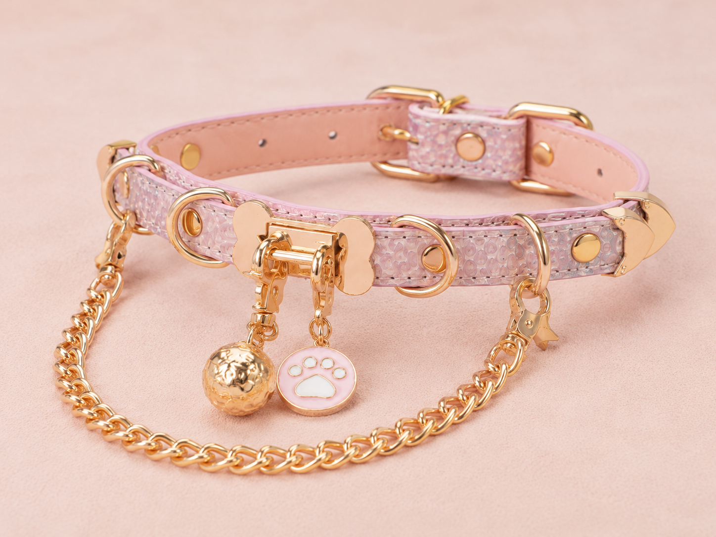 Rose Serpent Choker — Blush Python Leather with Gold Chain & Bell Charm