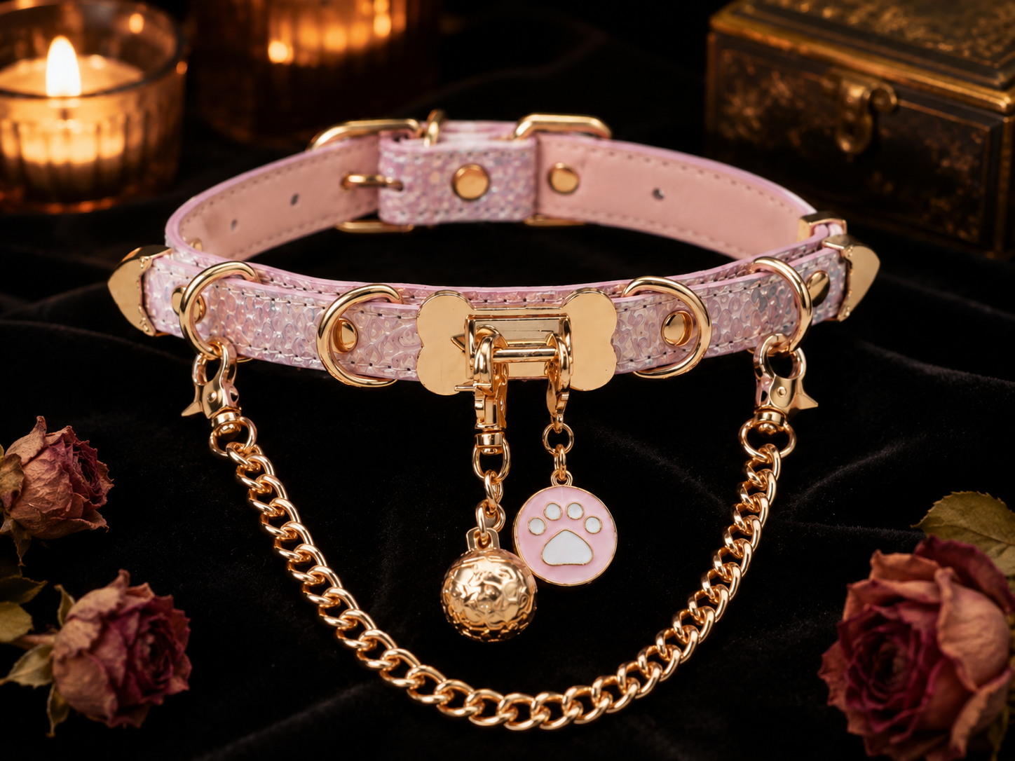 Rose Serpent Choker — Blush Python Leather with Gold Chain & Bell Charm