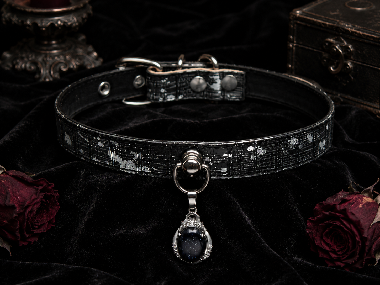 Void Stone Choker — Distressed Leather with Black Moonstone Crown Pendant