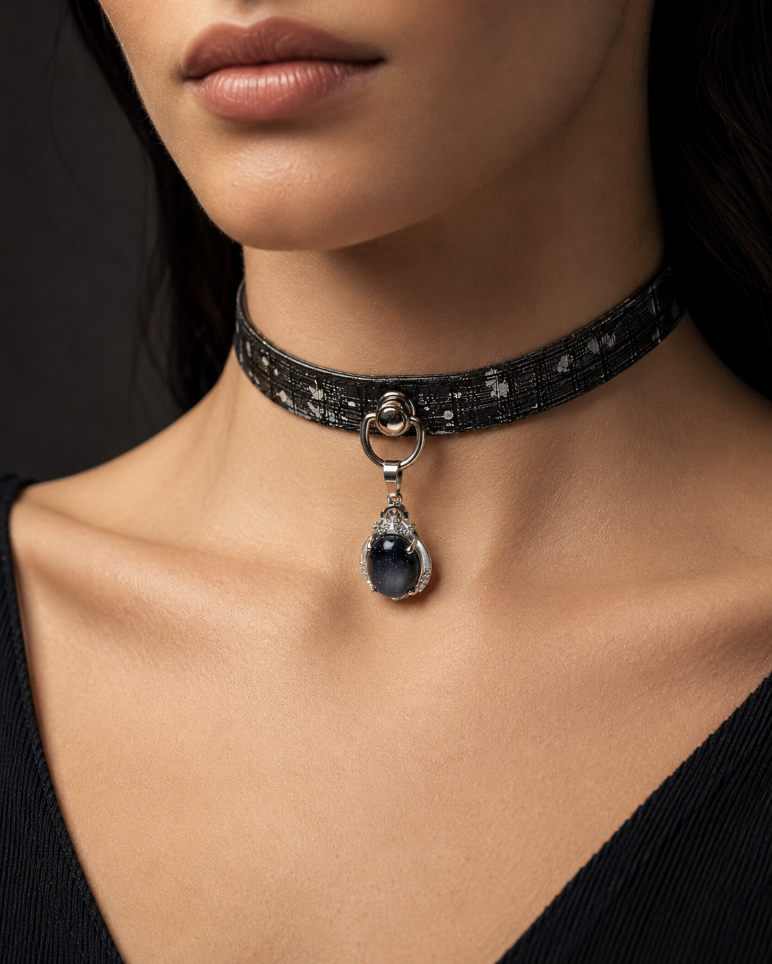 Void Stone Choker — Distressed Leather with Black Moonstone Crown Pendant