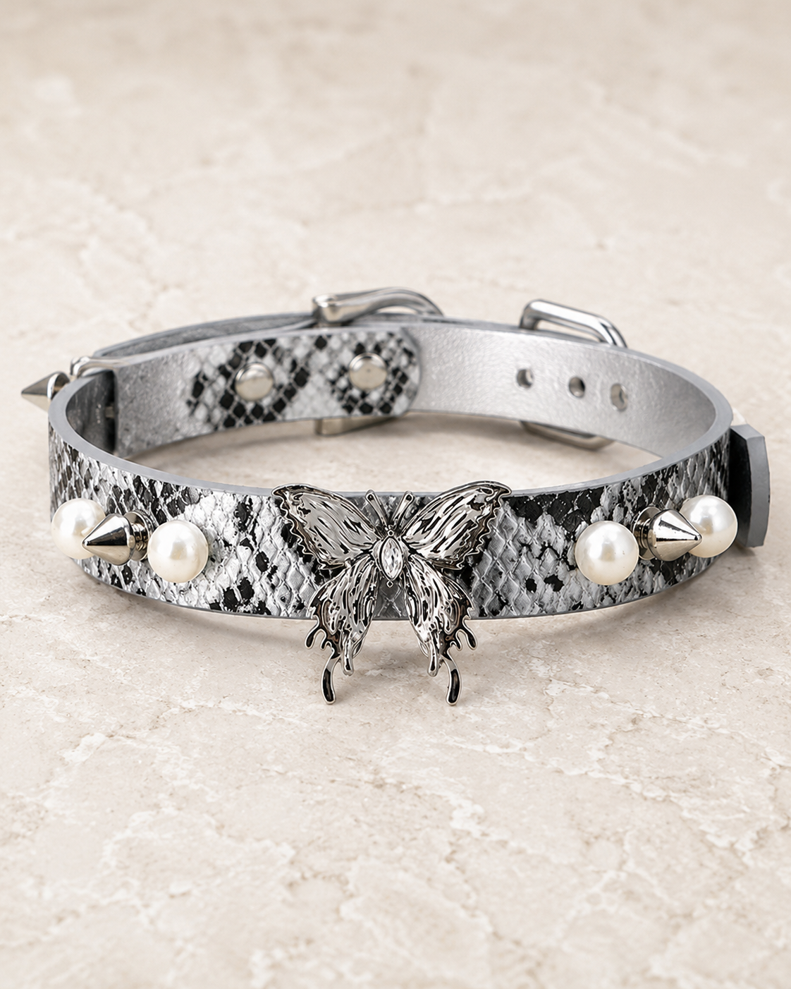 Pearl Thorn Choker — White Python Leather with Butterfly, Pearls & Silver Spikes