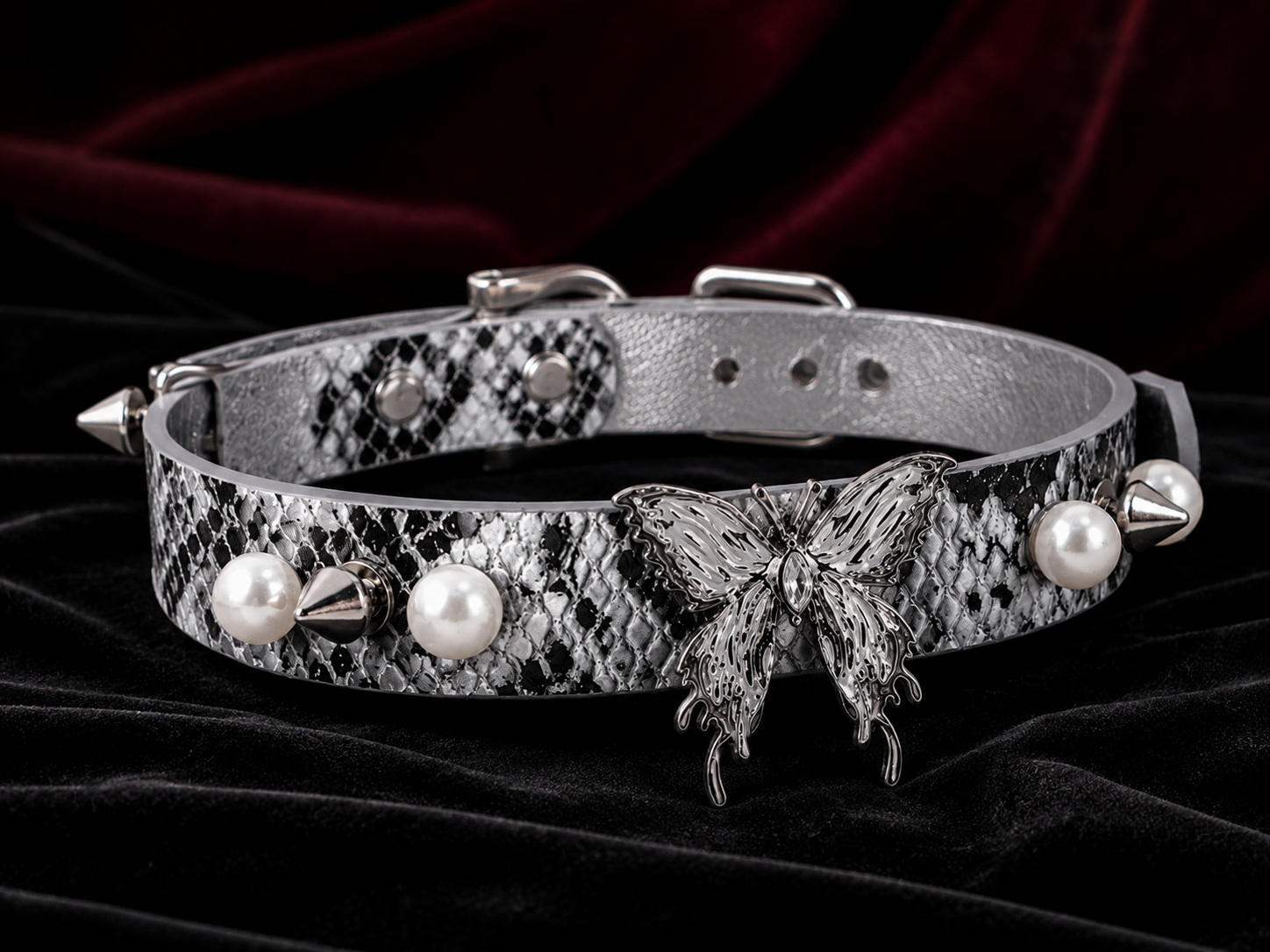 Pearl Thorn Choker — White Python Leather with Butterfly, Pearls & Silver Spikes