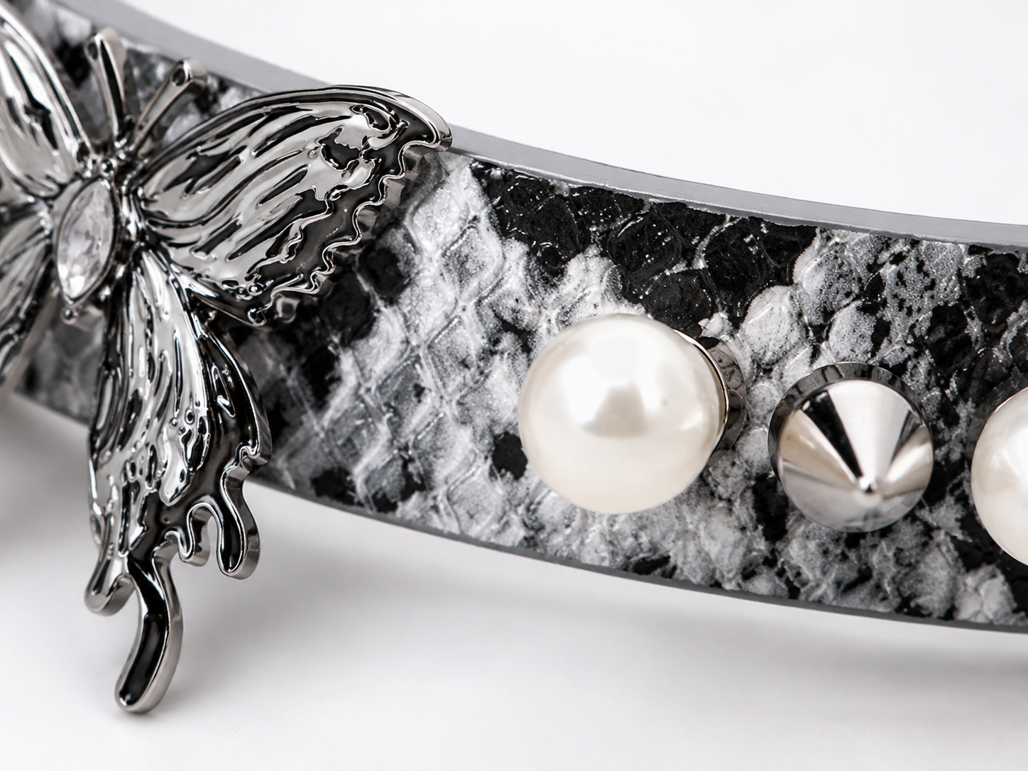 Pearl Thorn Choker — White Python Leather with Butterfly, Pearls & Silver Spikes
