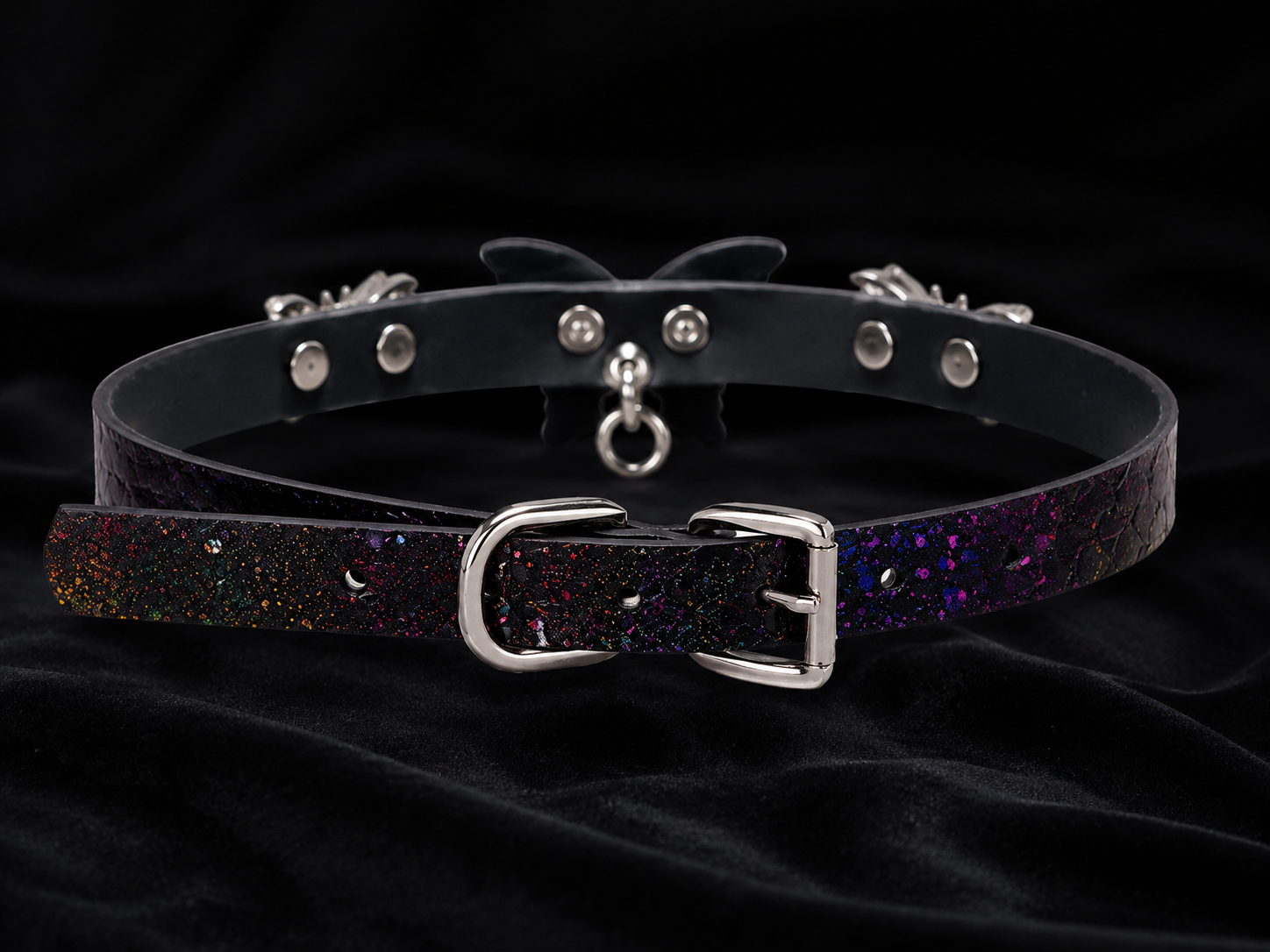 Nebula Butterfly Choker — Galaxy Leather with Triple Butterfly Sculpture & Draped Chain