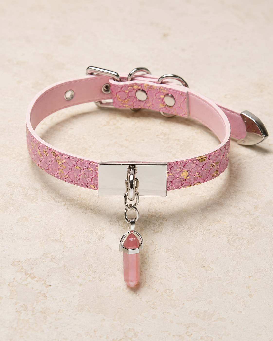 Rose Quartz Choker — Pink Gold-Leaf Leather with Crystal Point Pendant