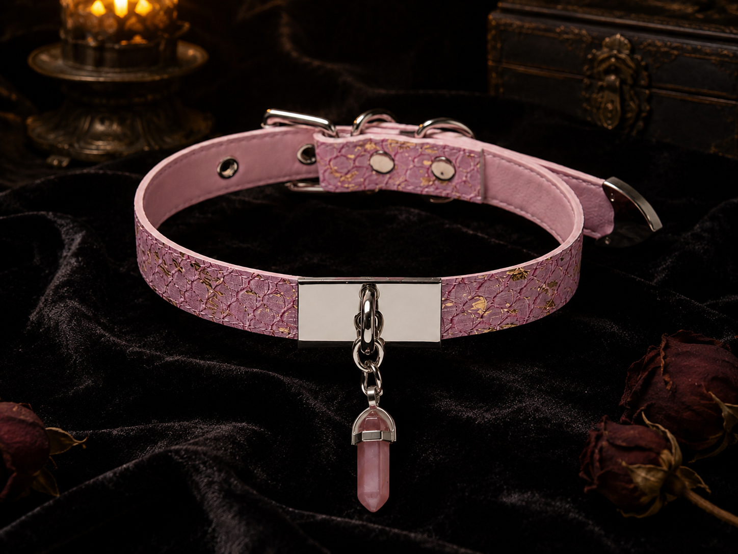 Rose Quartz Choker — Pink Gold-Leaf Leather with Crystal Point Pendant