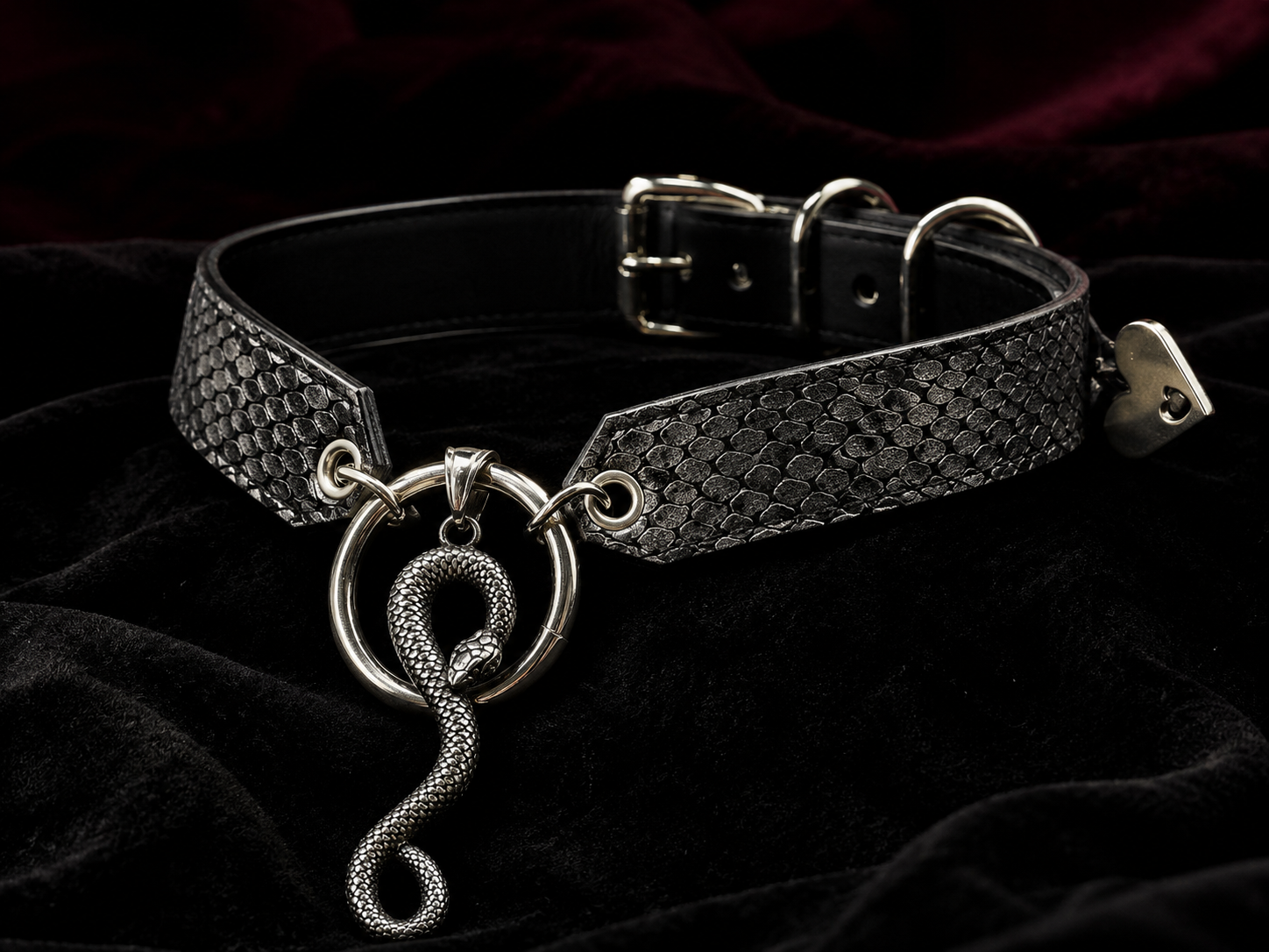 Ouroboros Choker — Wide Snake-Embossed Leather with Coiled Serpent Ring Pendant