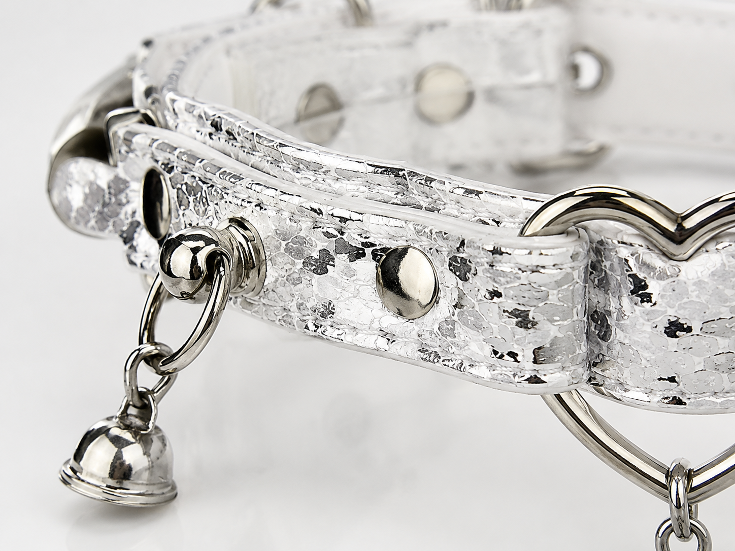 Silver Bell Choker — White Python Leather with Heart Ring & Filigree Bell Charms