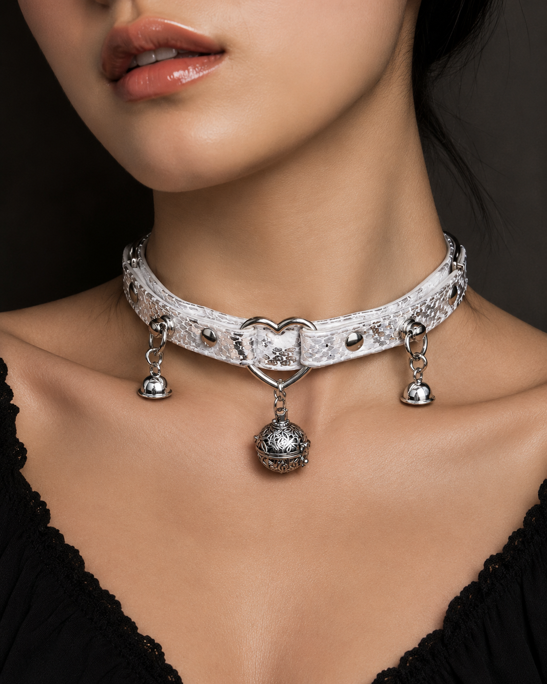 Silver Bell Choker — White Python Leather with Heart Ring & Filigree Bell Charms