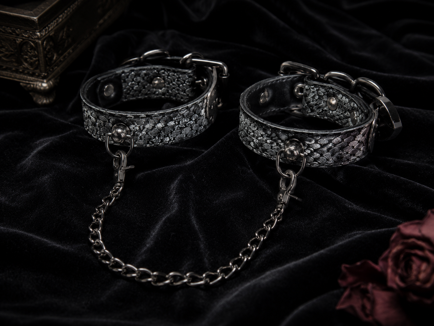 Serpent Cuffs — Gunmetal Snake Leather Wrist Cuffs with Chain