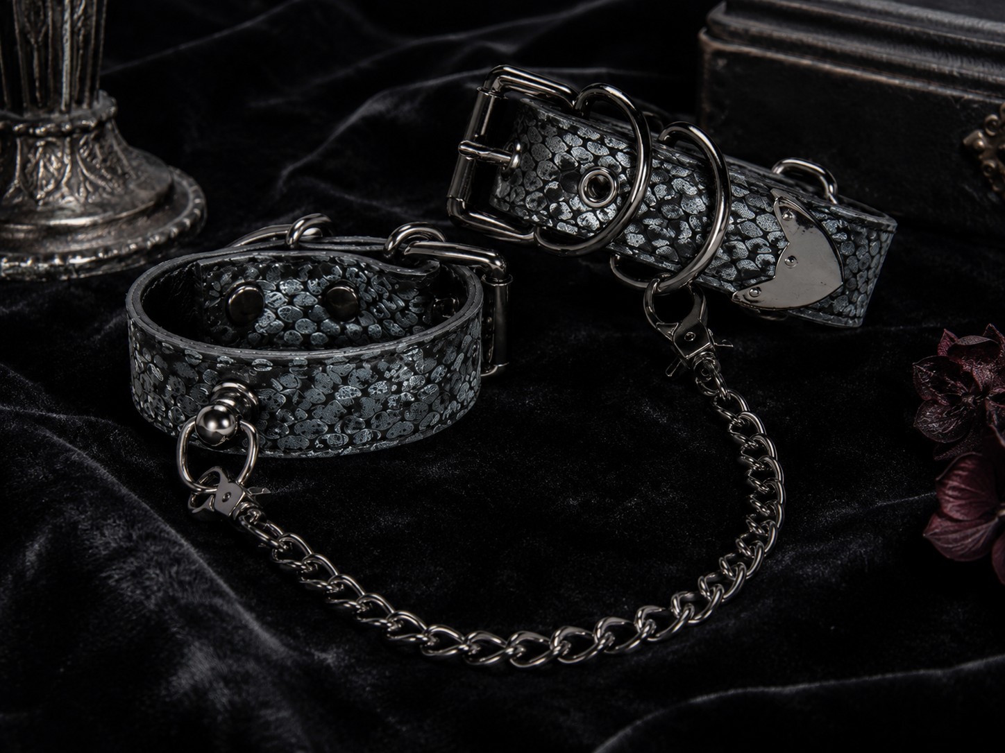 Serpent Cuffs — Gunmetal Snake Leather Wrist Cuffs with Chain