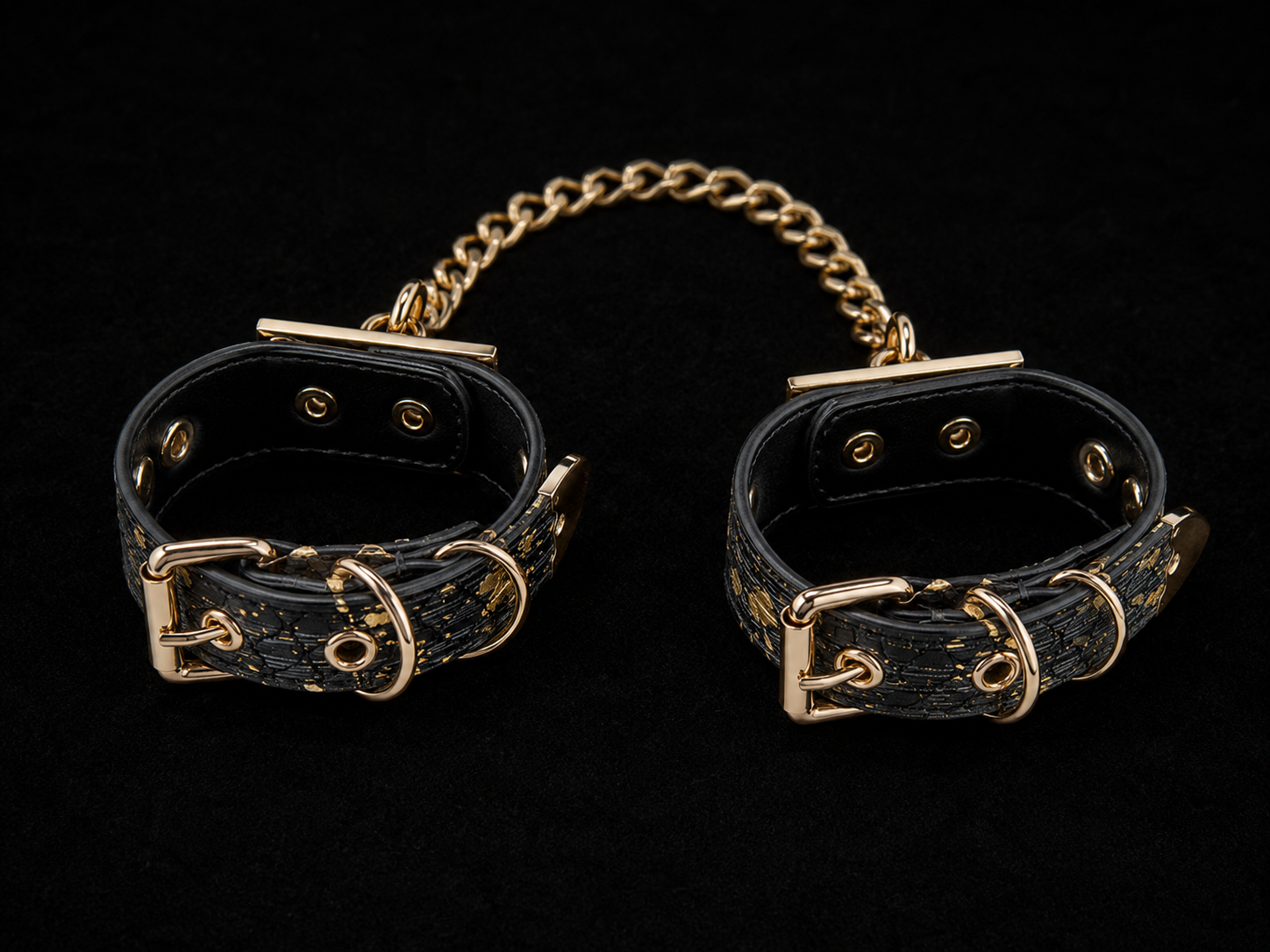 Gold Foil Cuffs — Black Textured Leather with Rose Gold Chain & Heart Charm