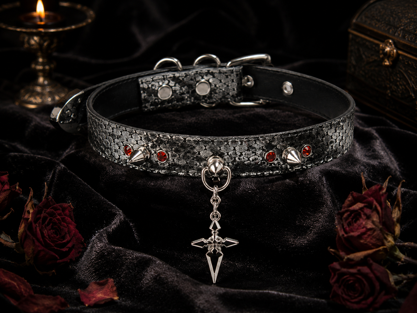 Serpent Cross Choker — Snake-Embossed Leather with Crystal Spikes