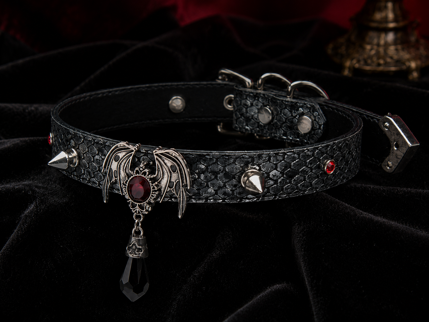Crimson Bat Choker — Snake-Embossed Leather with Gothic Bat Pendant