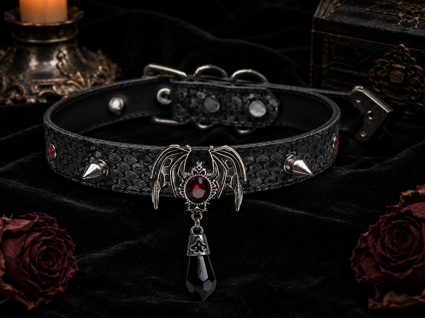 Crimson Bat Choker — Snake-Embossed Leather with Gothic Bat Pendant