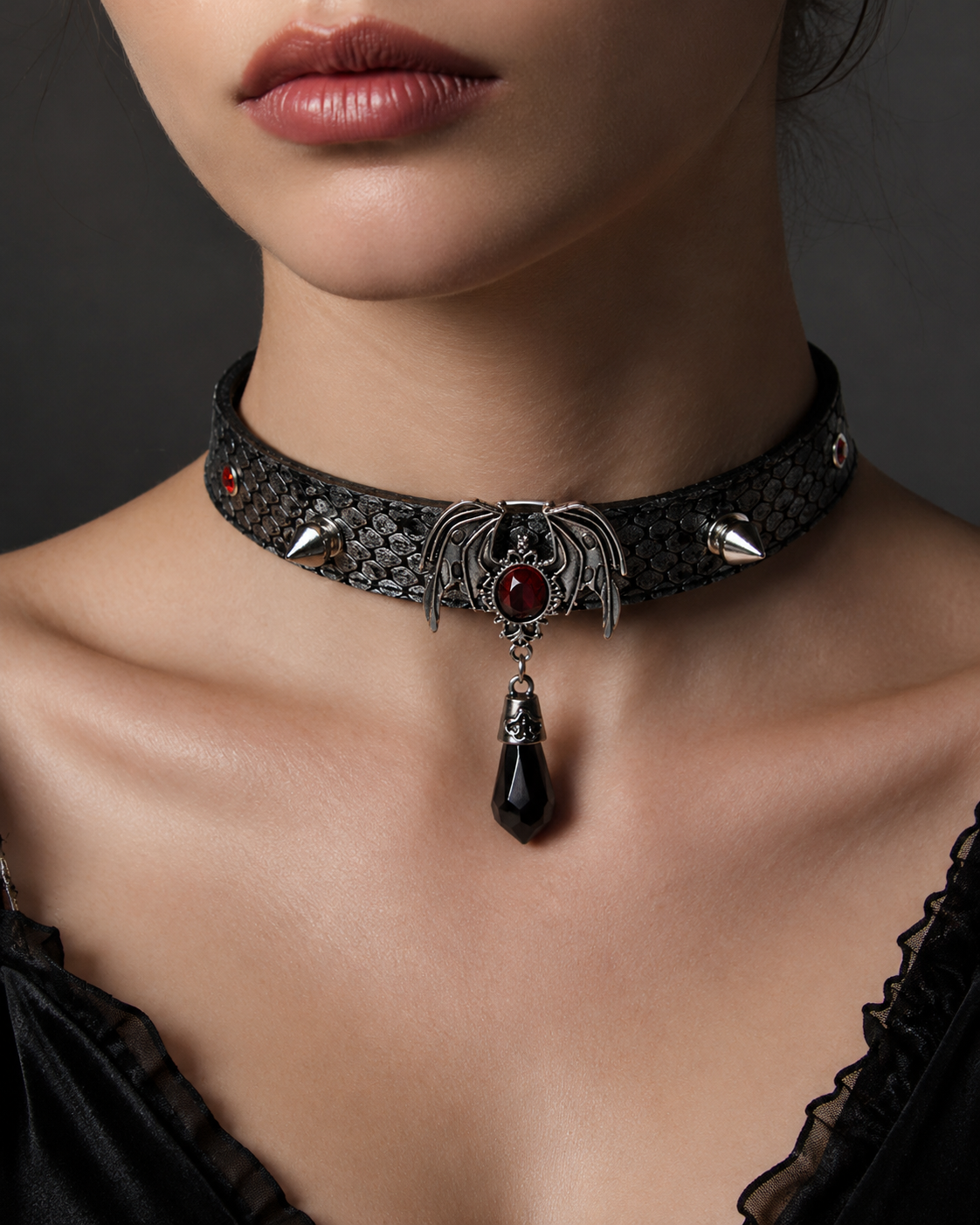 Crimson Bat Choker — Snake-Embossed Leather with Gothic Bat Pendant