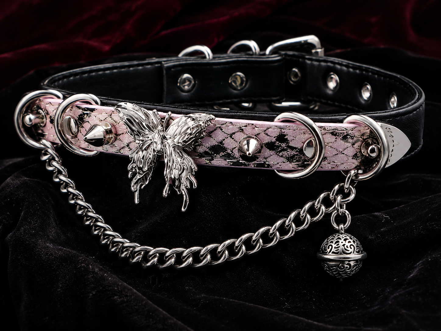 Butterfly Chain Choker — Pink Python Leather with Silver Chain & Bell Pendant