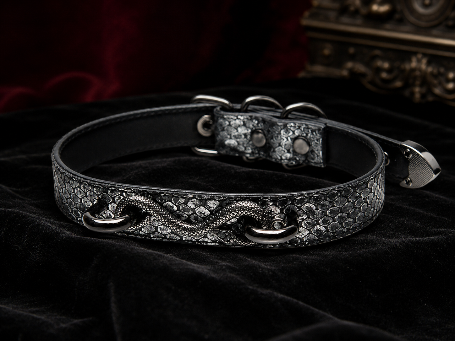 Twin Serpent Choker — Snake-Embossed Leather with Coiled Snake Sculpture