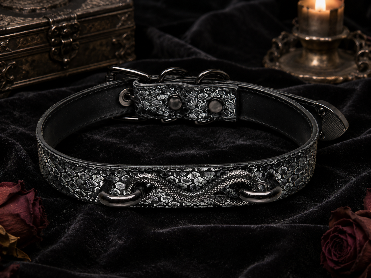 Twin Serpent Choker — Snake-Embossed Leather with Coiled Snake Sculpture