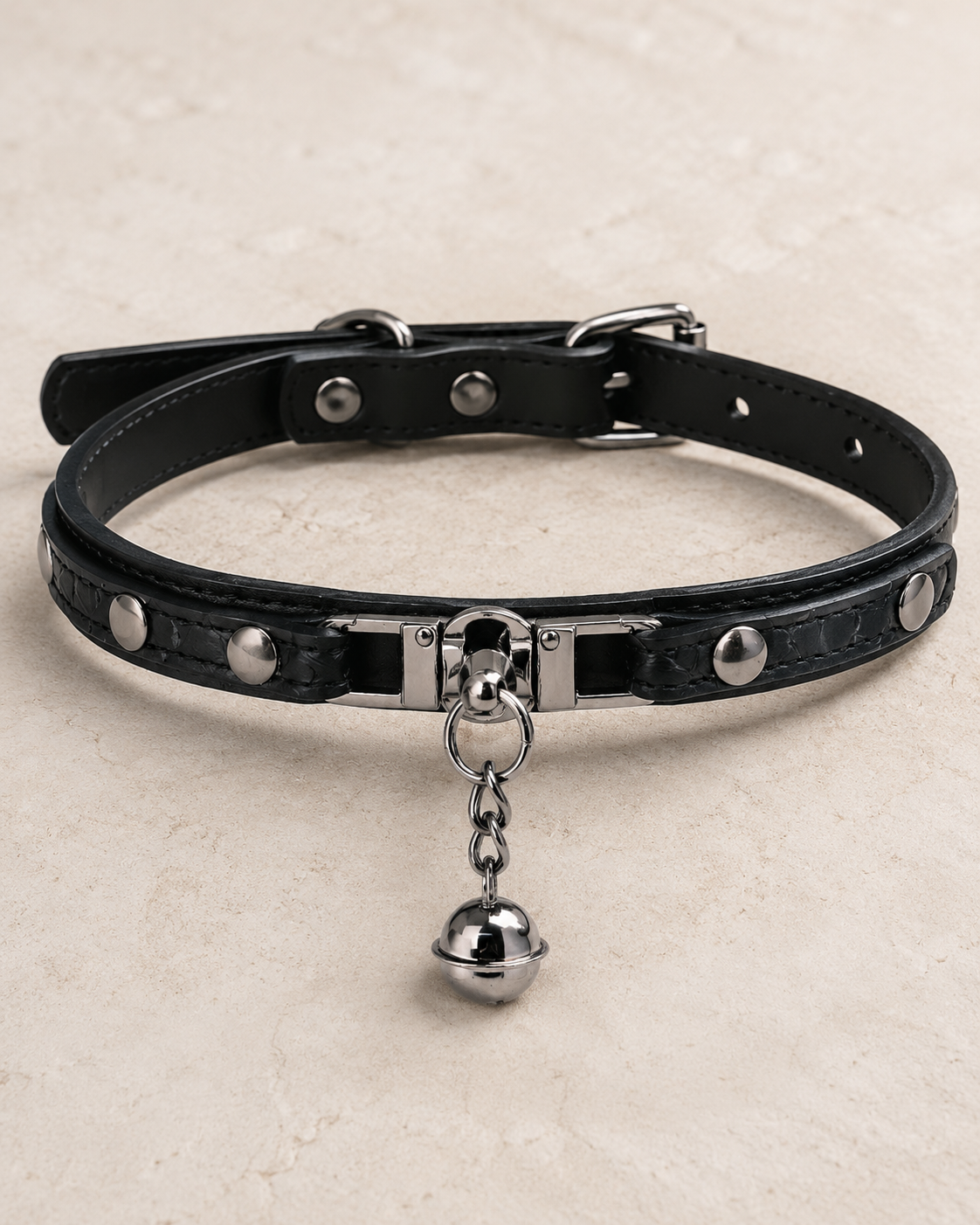 Obsidian Bell Choker — Slim Black Leather with Silver Bell Pendant