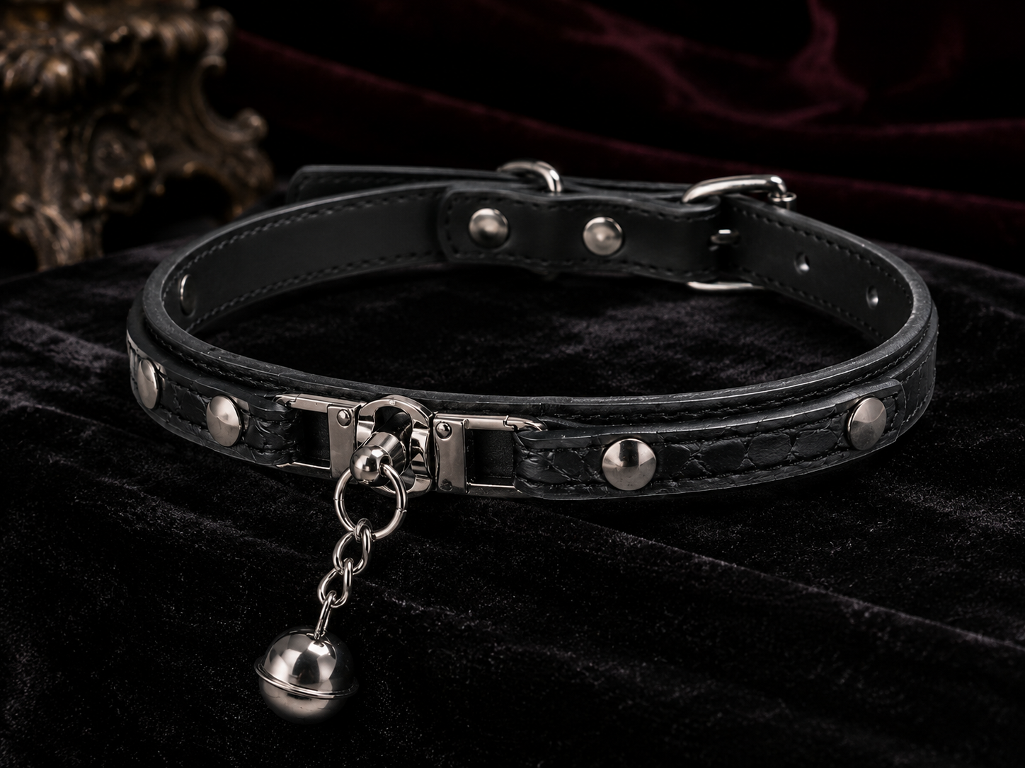 Obsidian Bell Choker — Slim Black Leather with Silver Bell Pendant