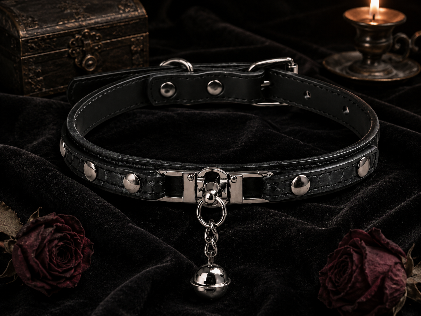 Obsidian Bell Choker — Slim Black Leather with Silver Bell Pendant