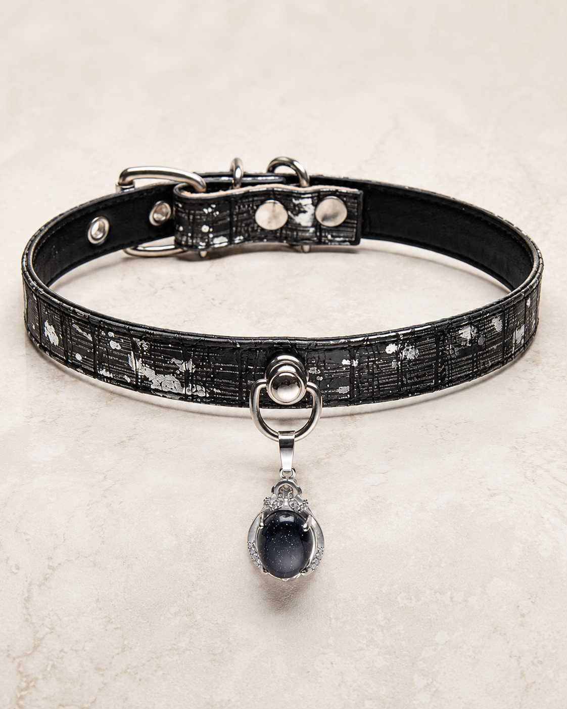 Void Stone Choker — Distressed Leather with Black Moonstone Crown Pendant