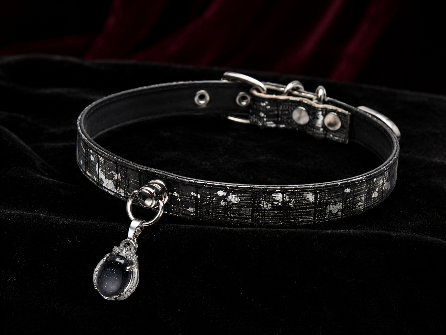 Void Stone Choker — Distressed Leather with Black Moonstone Crown Pendant