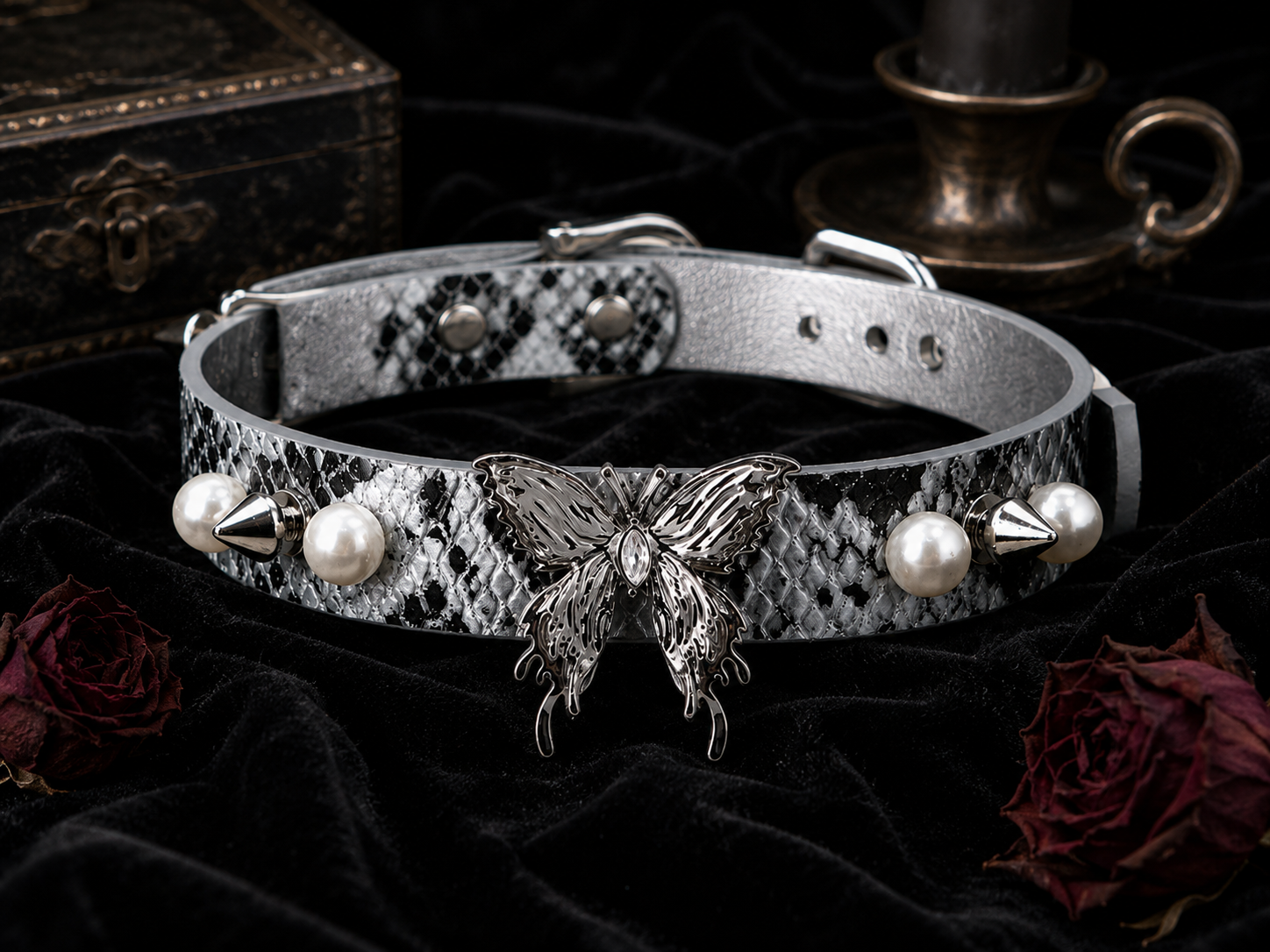 Pearl Thorn Choker — White Python Leather with Butterfly, Pearls & Silver Spikes