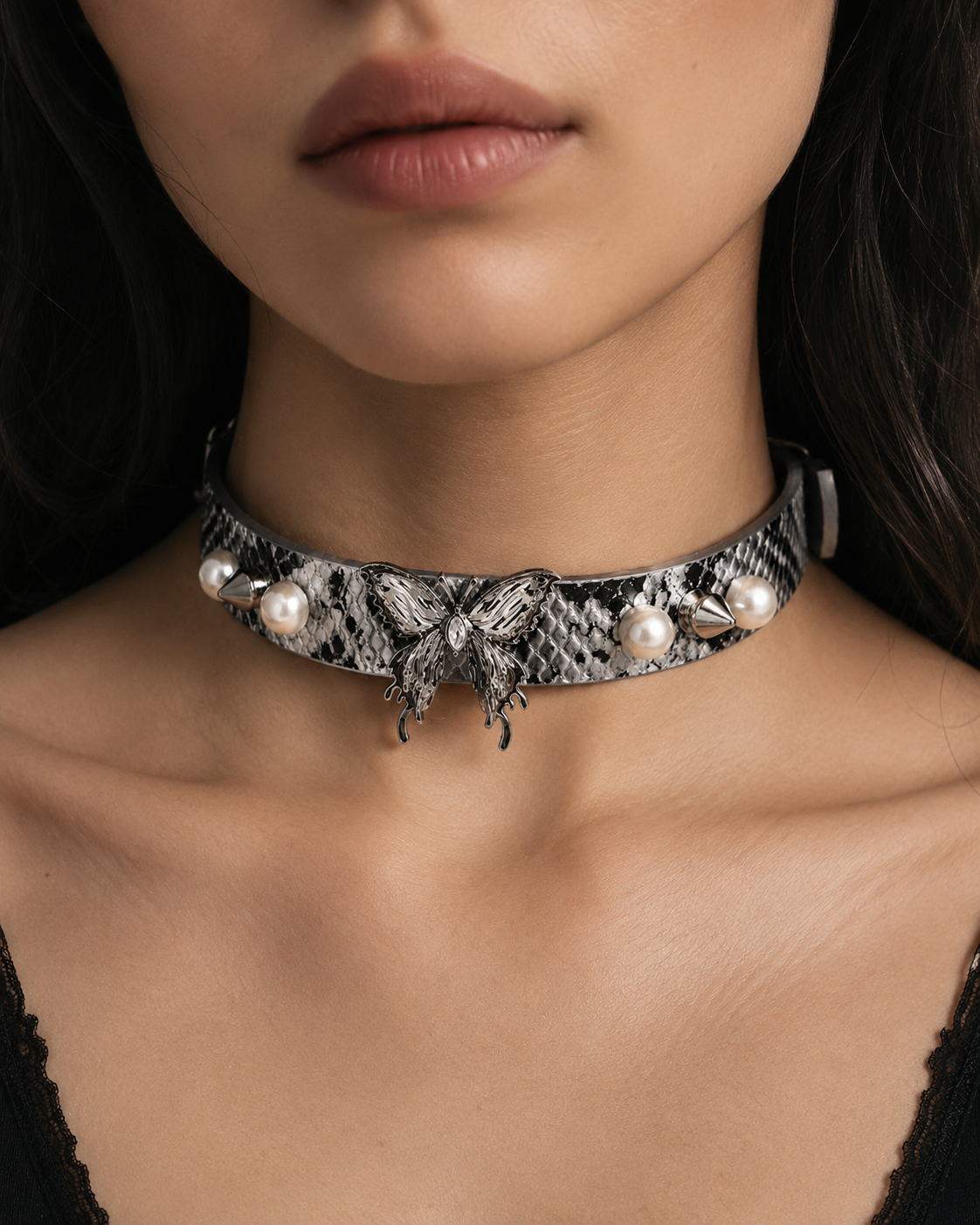 Pearl Thorn Choker — White Python Leather with Butterfly, Pearls & Silver Spikes