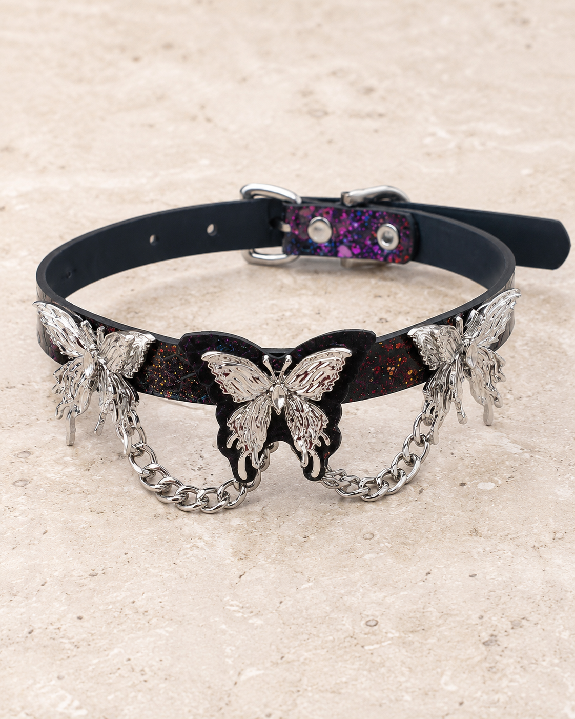 Nebula Butterfly Choker — Galaxy Leather with Triple Butterfly Sculpture & Draped Chain