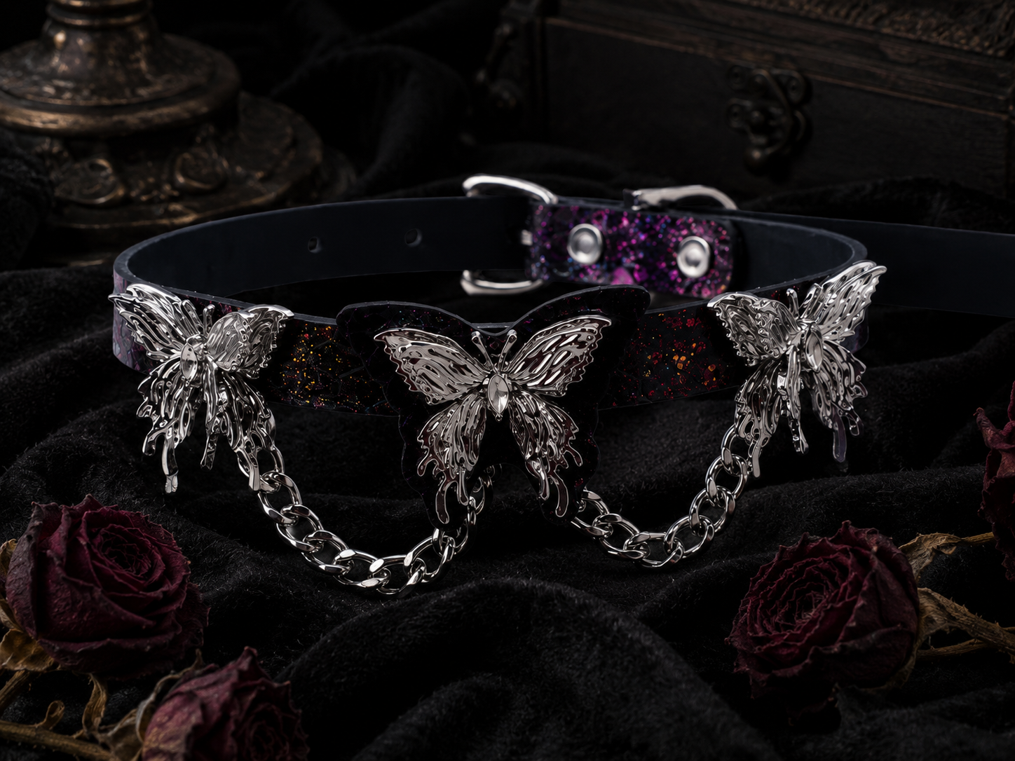 Nebula Butterfly Choker — Galaxy Leather with Triple Butterfly Sculpture & Draped Chain