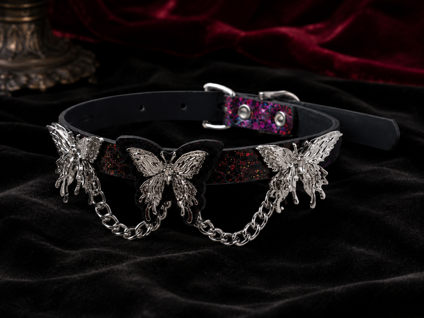 Nebula Butterfly Choker — Galaxy Leather with Triple Butterfly Sculpture & Draped Chain