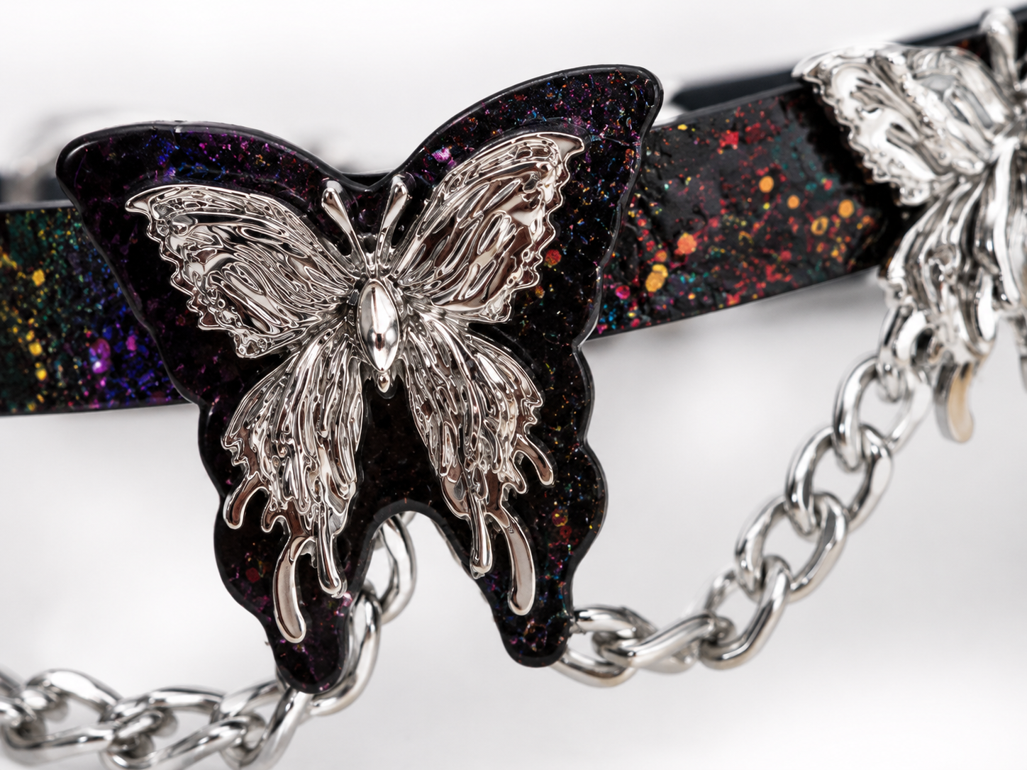 Nebula Butterfly Choker — Galaxy Leather with Triple Butterfly Sculpture & Draped Chain