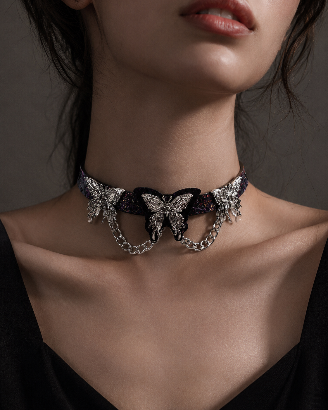 Nebula Butterfly Choker — Galaxy Leather with Triple Butterfly Sculpture & Draped Chain
