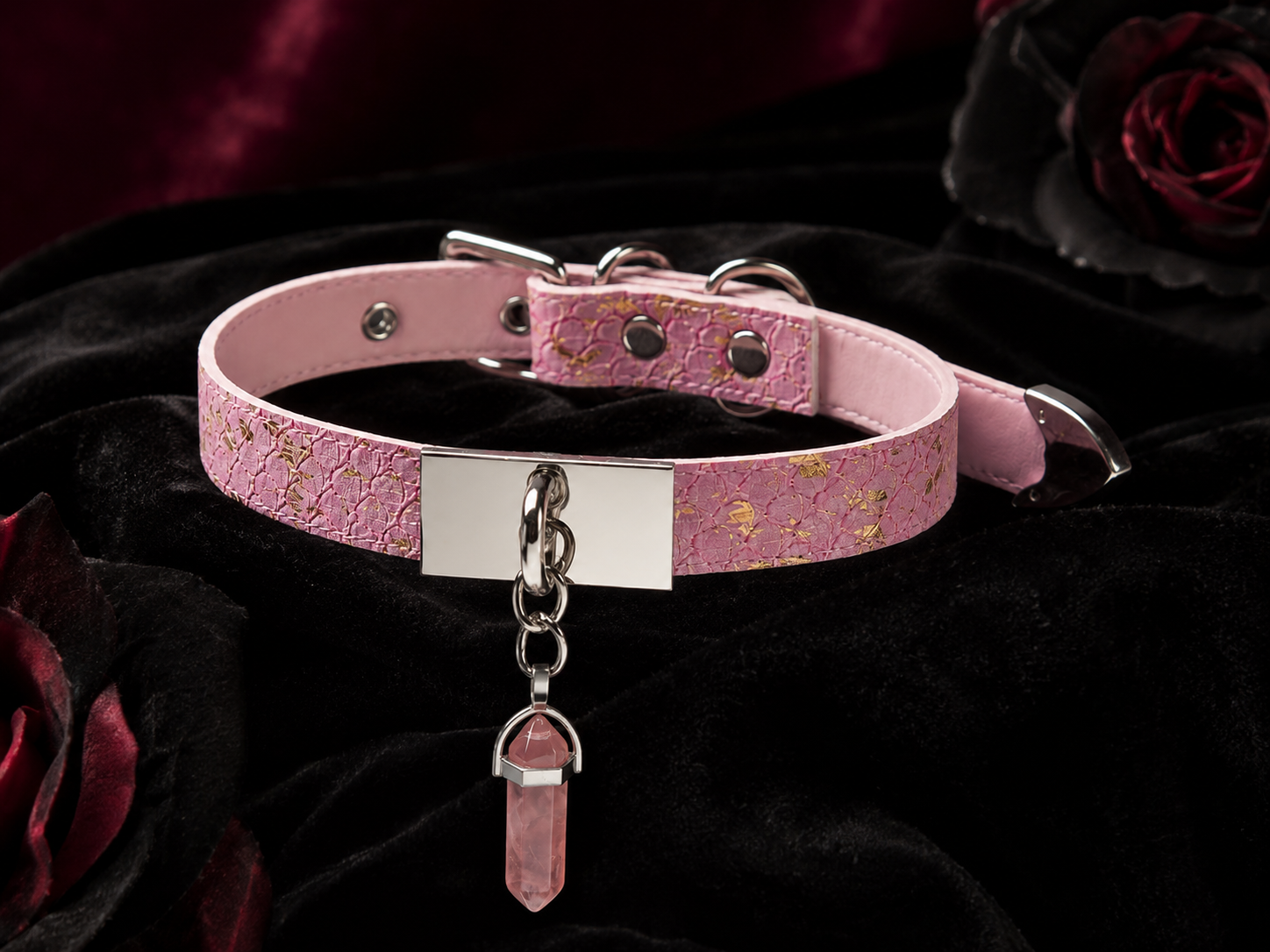 Rose Quartz Choker — Pink Gold-Leaf Leather with Crystal Point Pendant