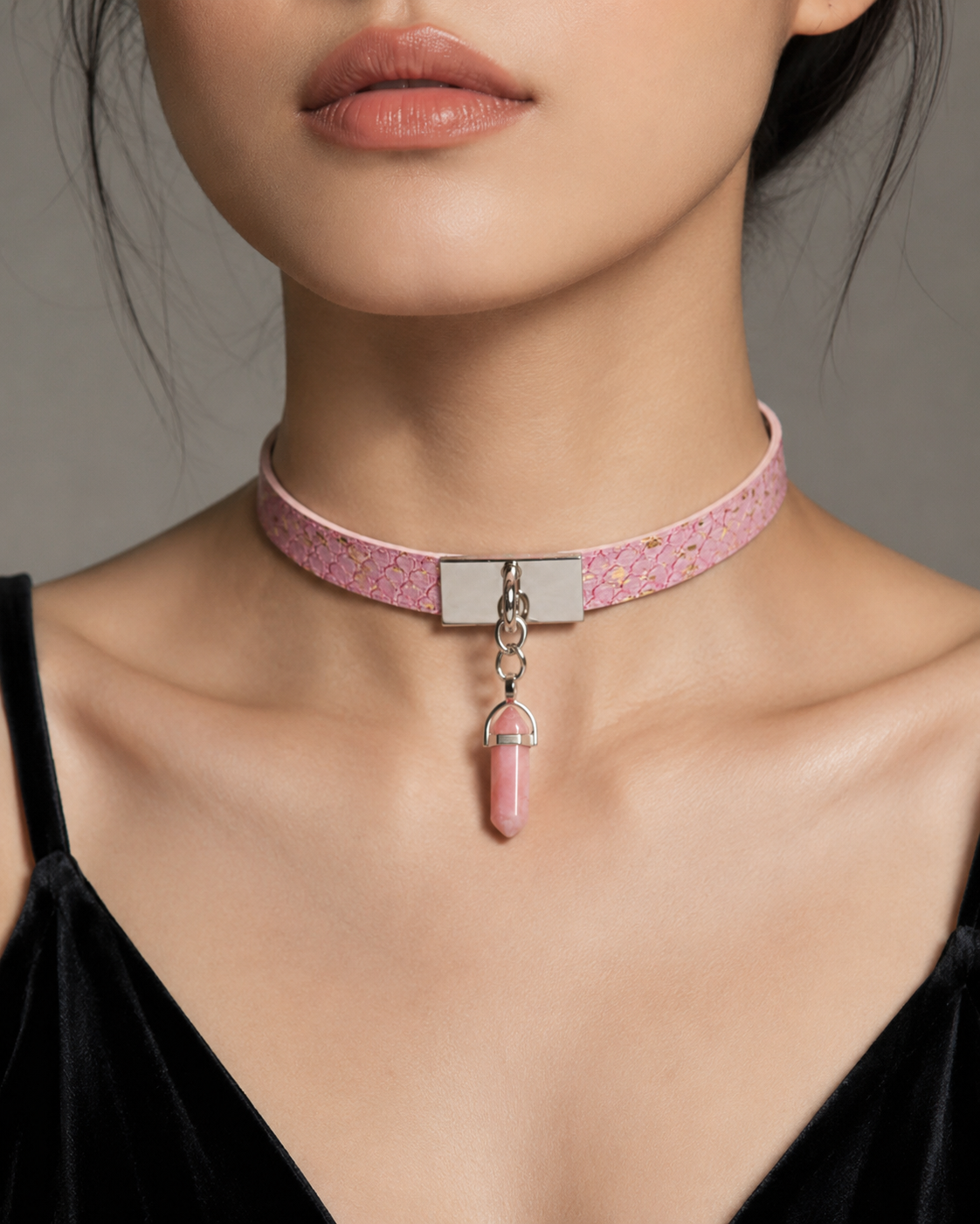 Rose Quartz Choker — Pink Gold-Leaf Leather with Crystal Point Pendant