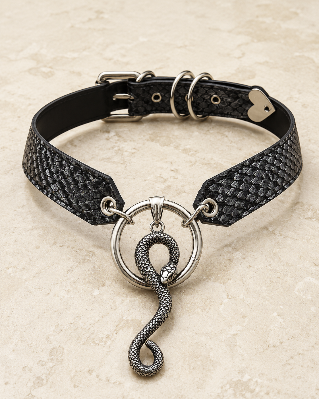 Ouroboros Choker — Wide Snake-Embossed Leather with Coiled Serpent Ring Pendant