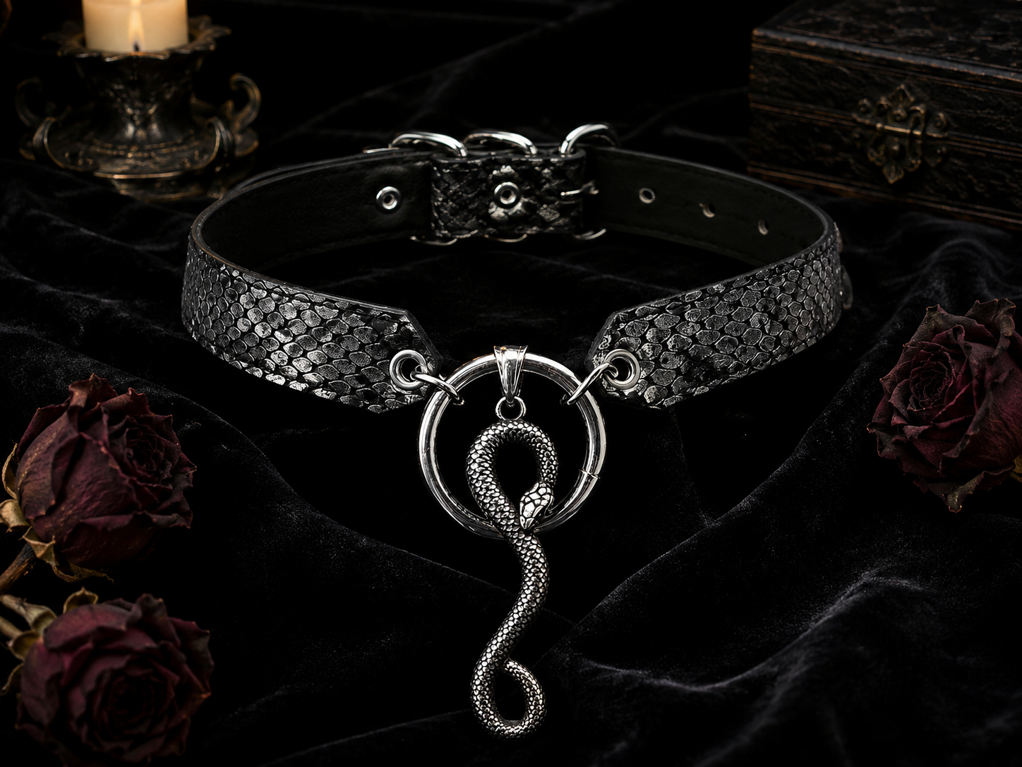 Ouroboros Choker — Wide Snake-Embossed Leather with Coiled Serpent Ring Pendant