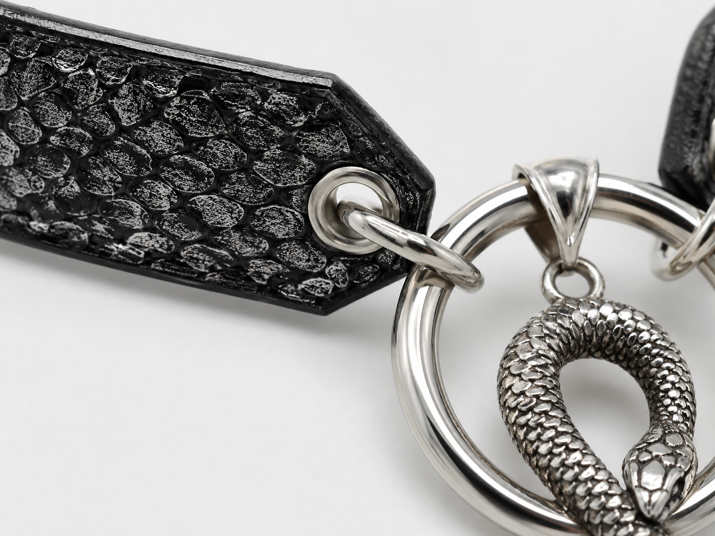 Ouroboros Choker — Wide Snake-Embossed Leather with Coiled Serpent Ring Pendant