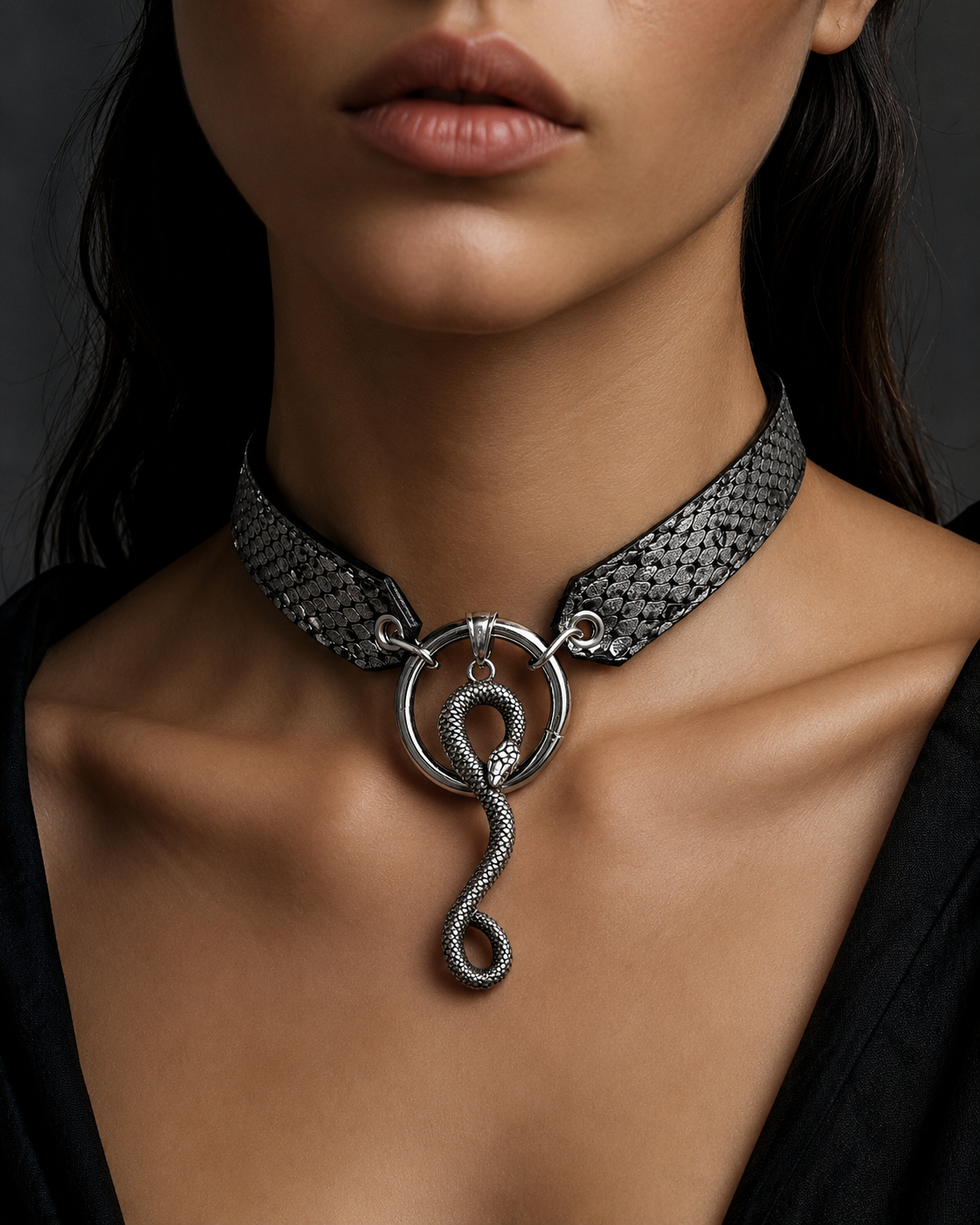 Ouroboros Choker — Wide Snake-Embossed Leather with Coiled Serpent Ring Pendant