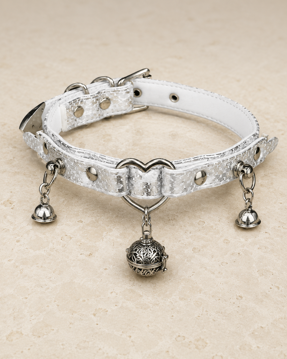Silver Bell Choker — White Python Leather with Heart Ring & Filigree Bell Charms