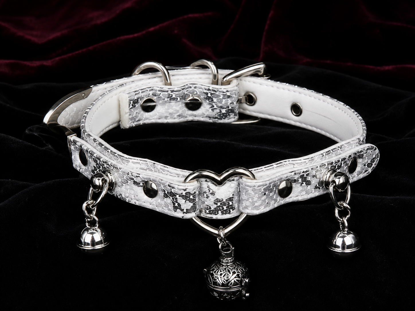 Silver Bell Choker — White Python Leather with Heart Ring & Filigree Bell Charms