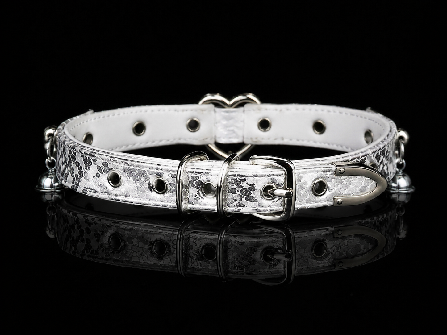 Silver Bell Choker — White Python Leather with Heart Ring & Filigree Bell Charms