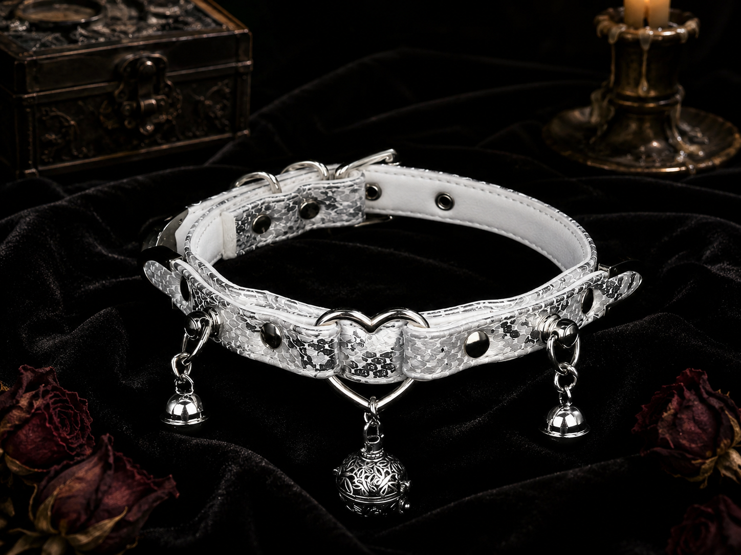 Silver Bell Choker — White Python Leather with Heart Ring & Filigree Bell Charms