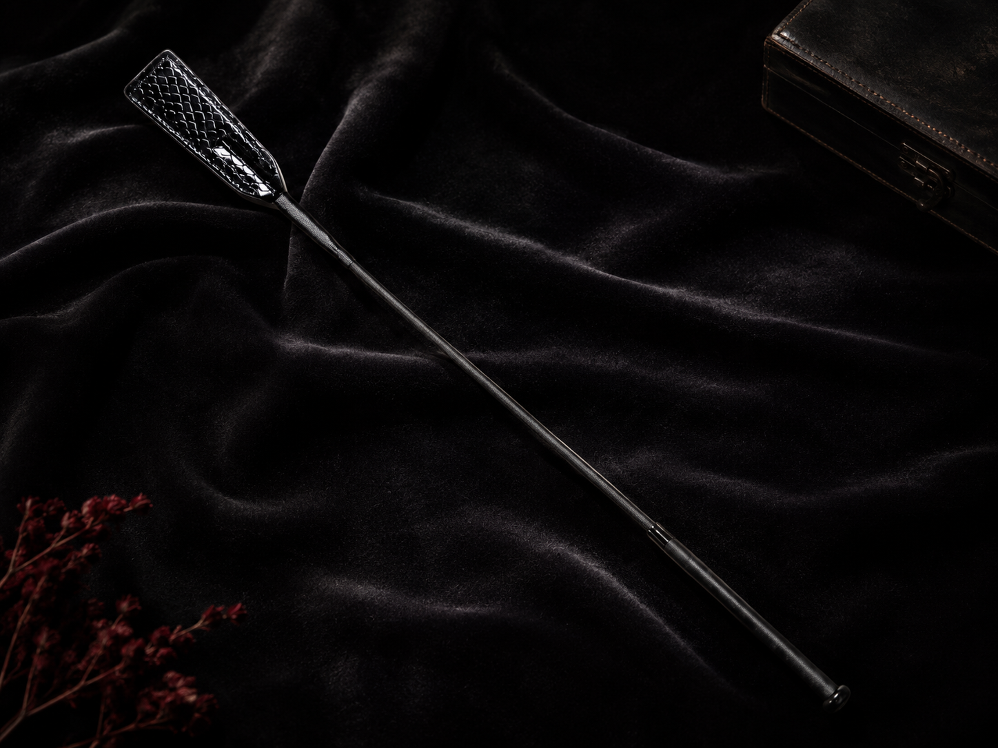 Python Riding Crop — Long Matte Black Leather with Snake-Embossed Paddle Head