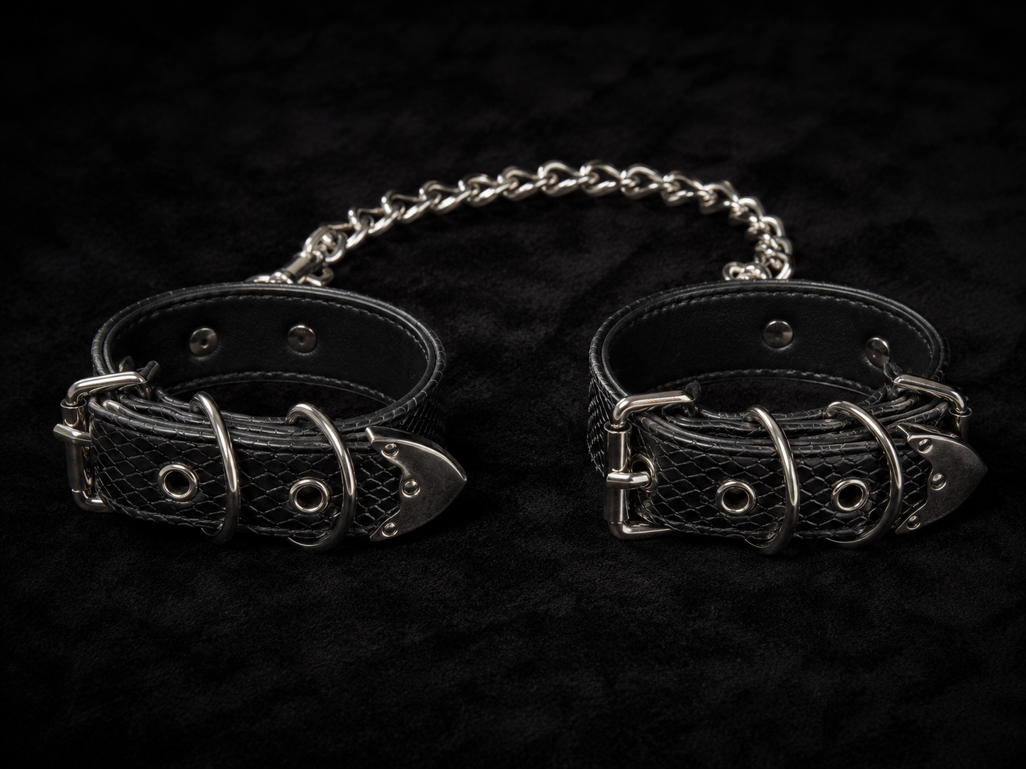 Chain Cuffs — Black Snake-Embossed Leather with Silver Curb Chain
