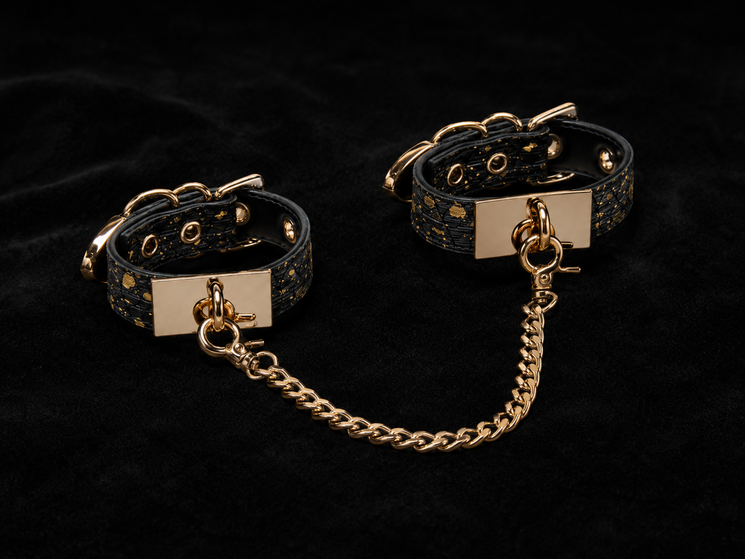 Gold Foil Cuffs — Black Textured Leather with Rose Gold Chain & Heart Charm